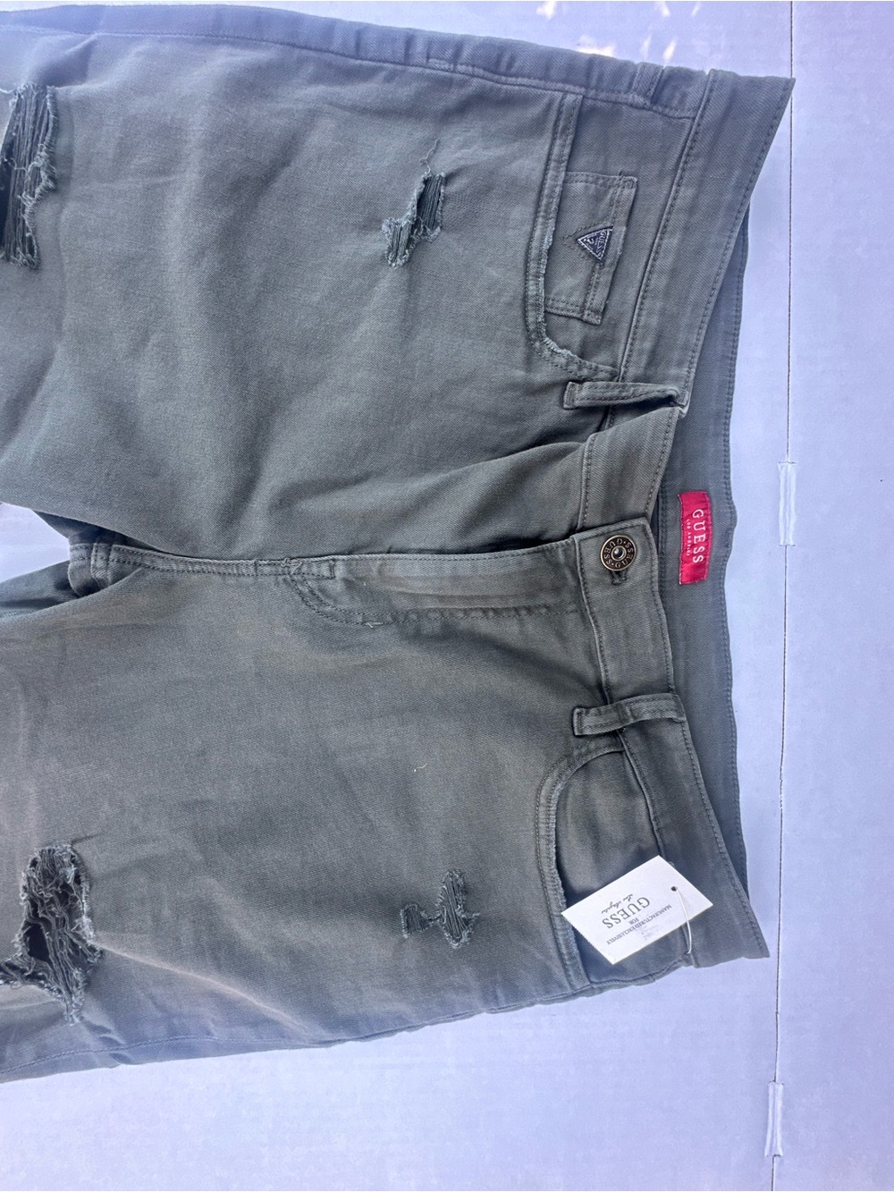 GUESS Men's Olive Green Distressed Denim Shorts - Picture 2 of 9
